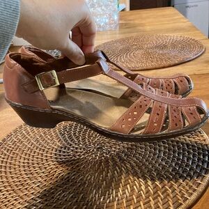 Clarks Heeled T-Strap Cut-Out Sandals